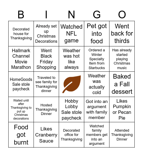 Thanksgiving Bingo Card