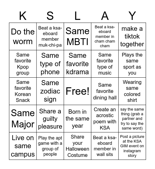 KSA Social Board Bingo Card