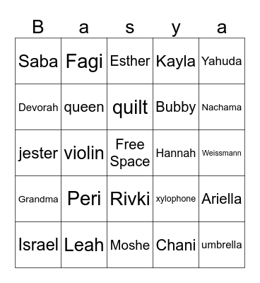 Basya's Family and Friends Bingo Card