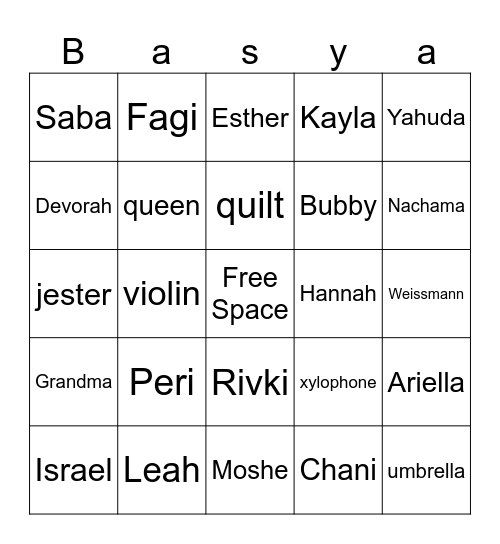 Basya's Family and Friends Bingo Card