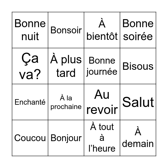 Les salutations Bingo Card