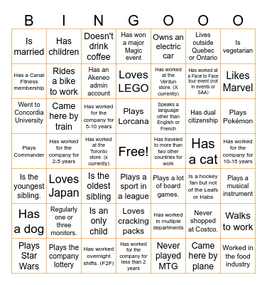 Face to Face Bingo Card