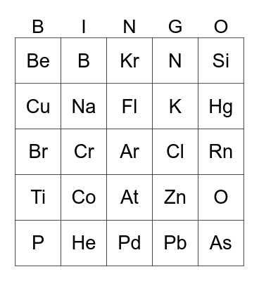 Periodic Table of Elements Bingo Card
