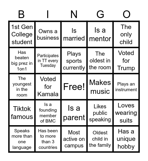 Get to know BMC Bingo Card