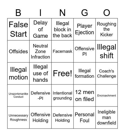 NFL Penalty BINGO Card