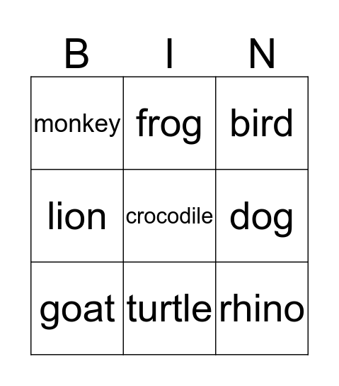 animals Bingo Card