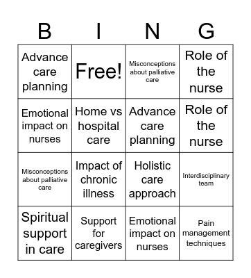 Palliative Care Bingo Card