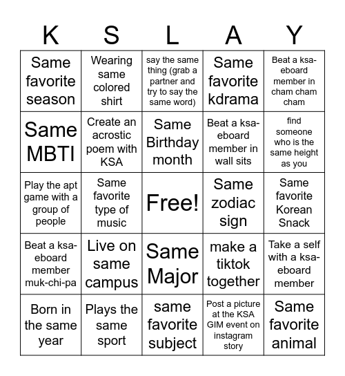KSA Social Board Bingo Card