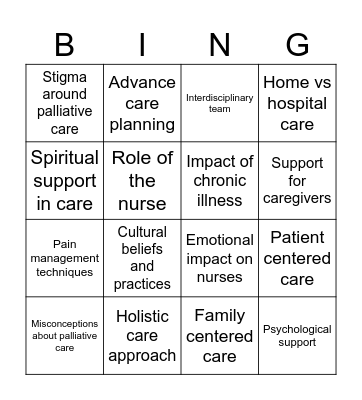 Palliative Care Bingo Card