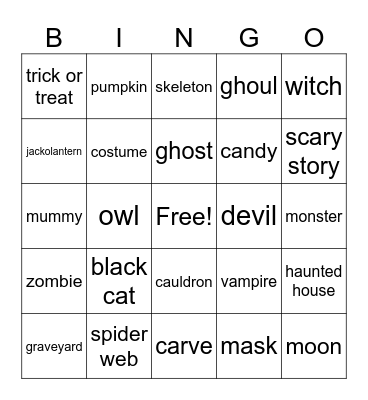 Halloween Words Bingo Card
