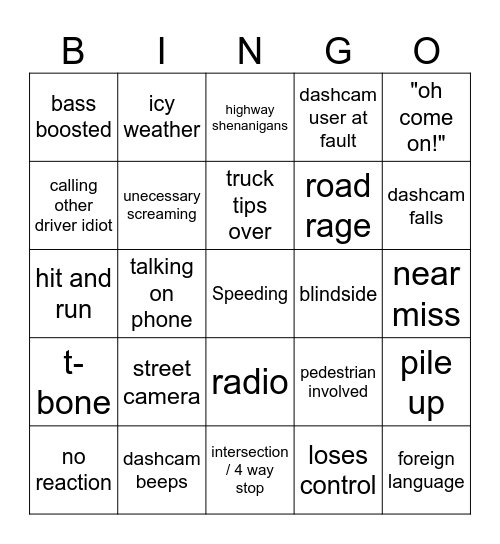 Car Crash Bingo Card