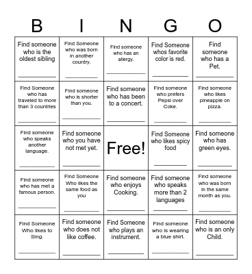 Find Someone Who Bingo Card
