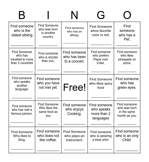 Find Someone Who Bingo Card