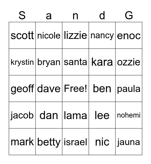 SANDG Bingo Card