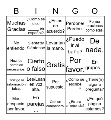 Useful Spanish Expressiones Bingo Card