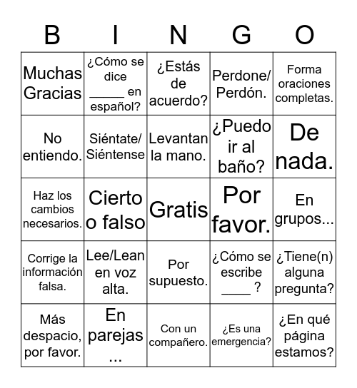 Useful Spanish Expressiones Bingo Card