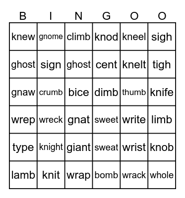 Silent Letters and Level K Bingo Card