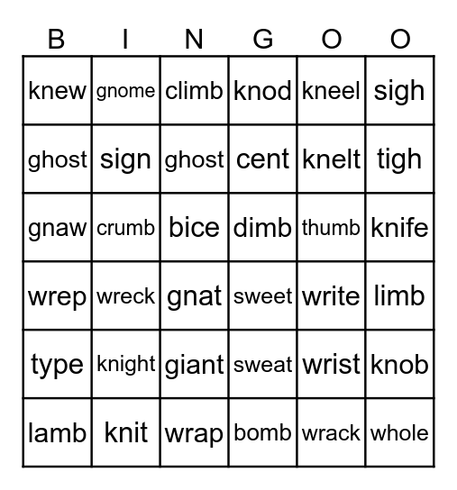 Silent Letters and Level K Bingo Card