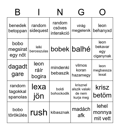 pentek Bingo Card