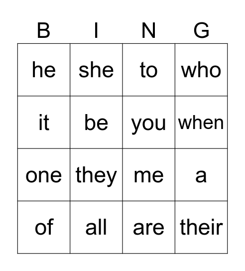 Tricky Words Bingo Card