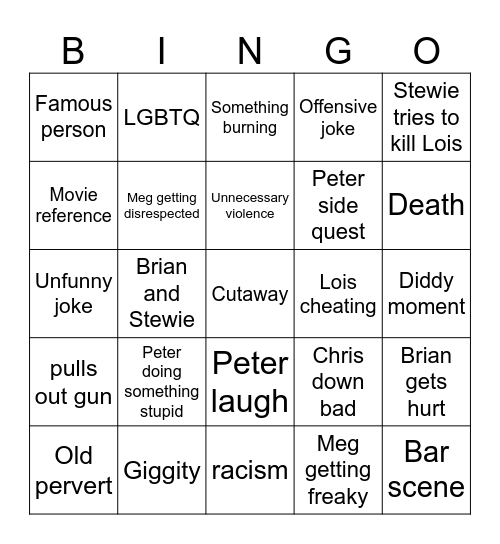 Family guy bingo Card