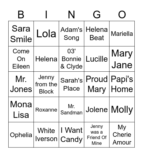 Songs with Names in the title Bingo Card