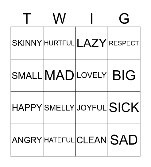 synonyms Bingo Card