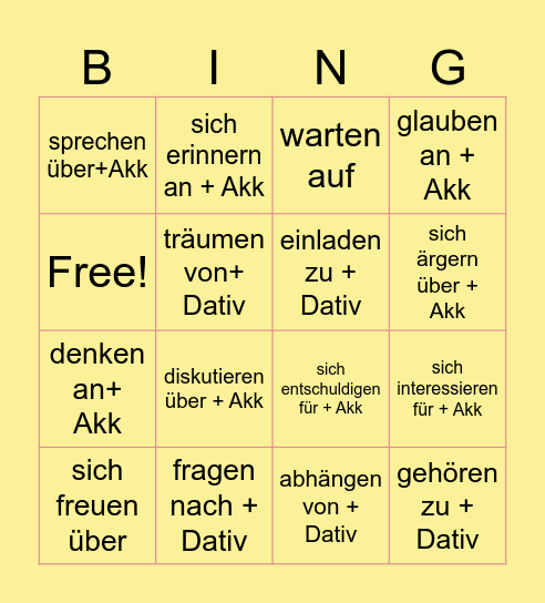 Verben mit Präpositionen Bingo Card