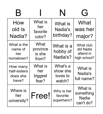 Get to Know Nadia Bingo Card