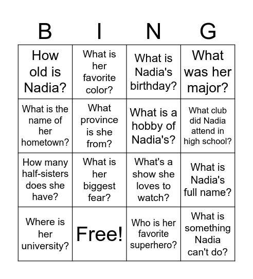 Get to Know Nadia Bingo Card