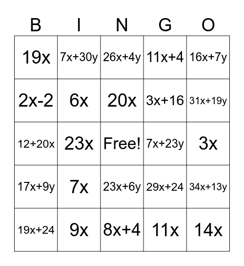 Combining Like Terms Bingo Card