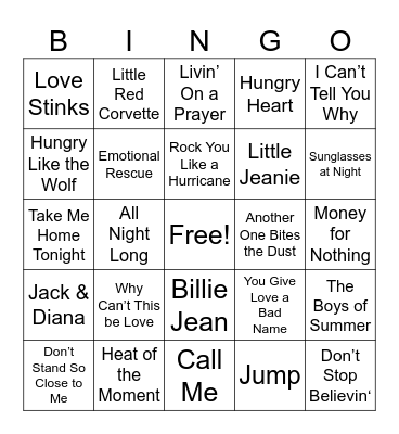 80's Rock Bingo Card