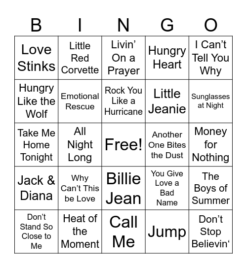 80's Rock Bingo Card