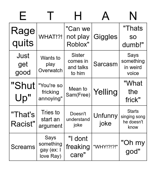 Ethan Bingo Card