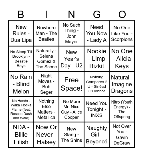 Songs That Start With The Letter "N" (Double Bingo) Bingo Card