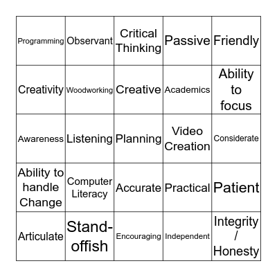 Skills Bingo Card