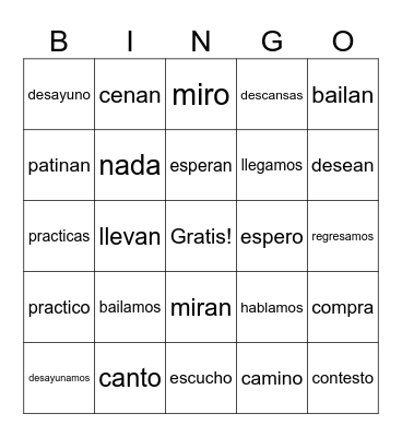Present Tense -AR  Verbs Bingo Card