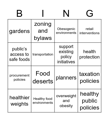 Food Environments & Community Bingo Card