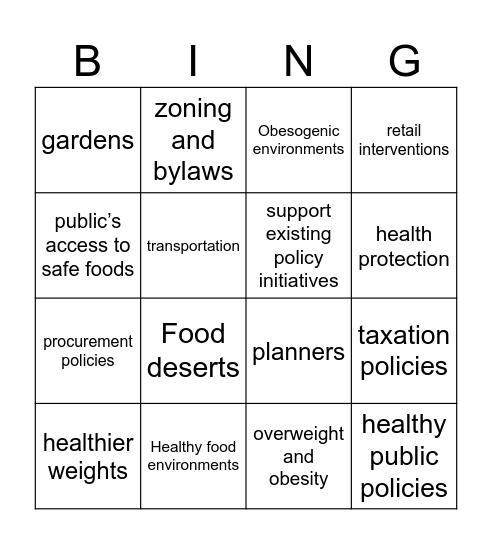 Food Environments & Community Bingo Card