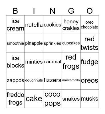 sweet food bingo Card