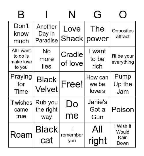 Top Songs of 1990 Bingo Card