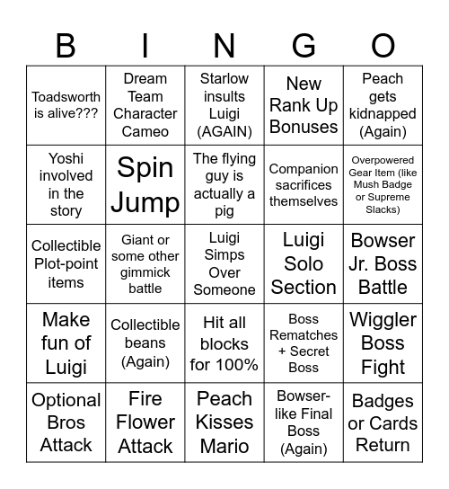 Mario & Luigi Brothership Bingo Card