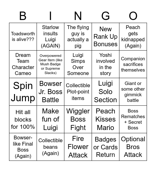 Mario & Luigi Brothership Bingo Card