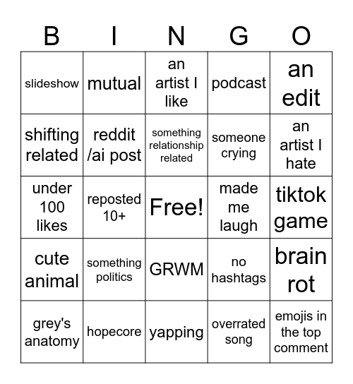 tiktok bingo Card