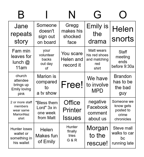 staff bingo 2 Bingo Card