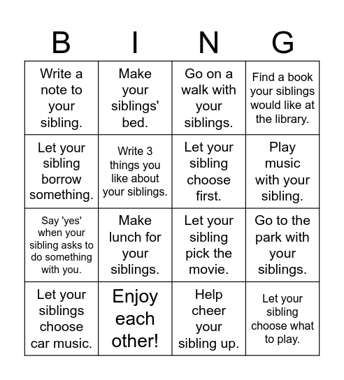 Sibling Bingo- Tips for fostering Sibling Bond Bingo Card