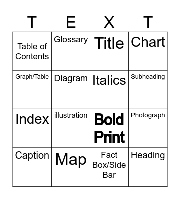Text Feature Bingo Card