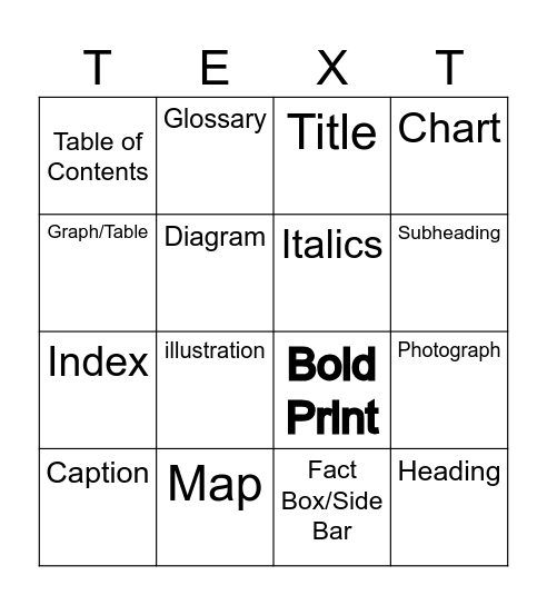 Text Feature Bingo Card