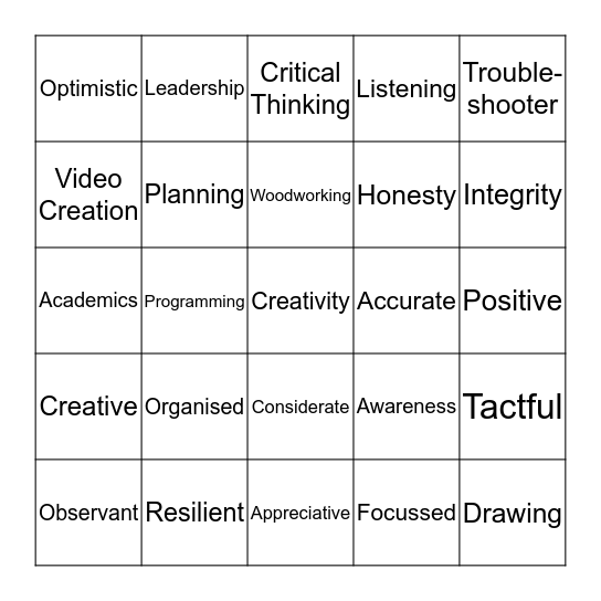 Skills Bingo Card