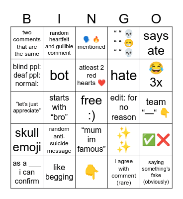 poo Bingo Card